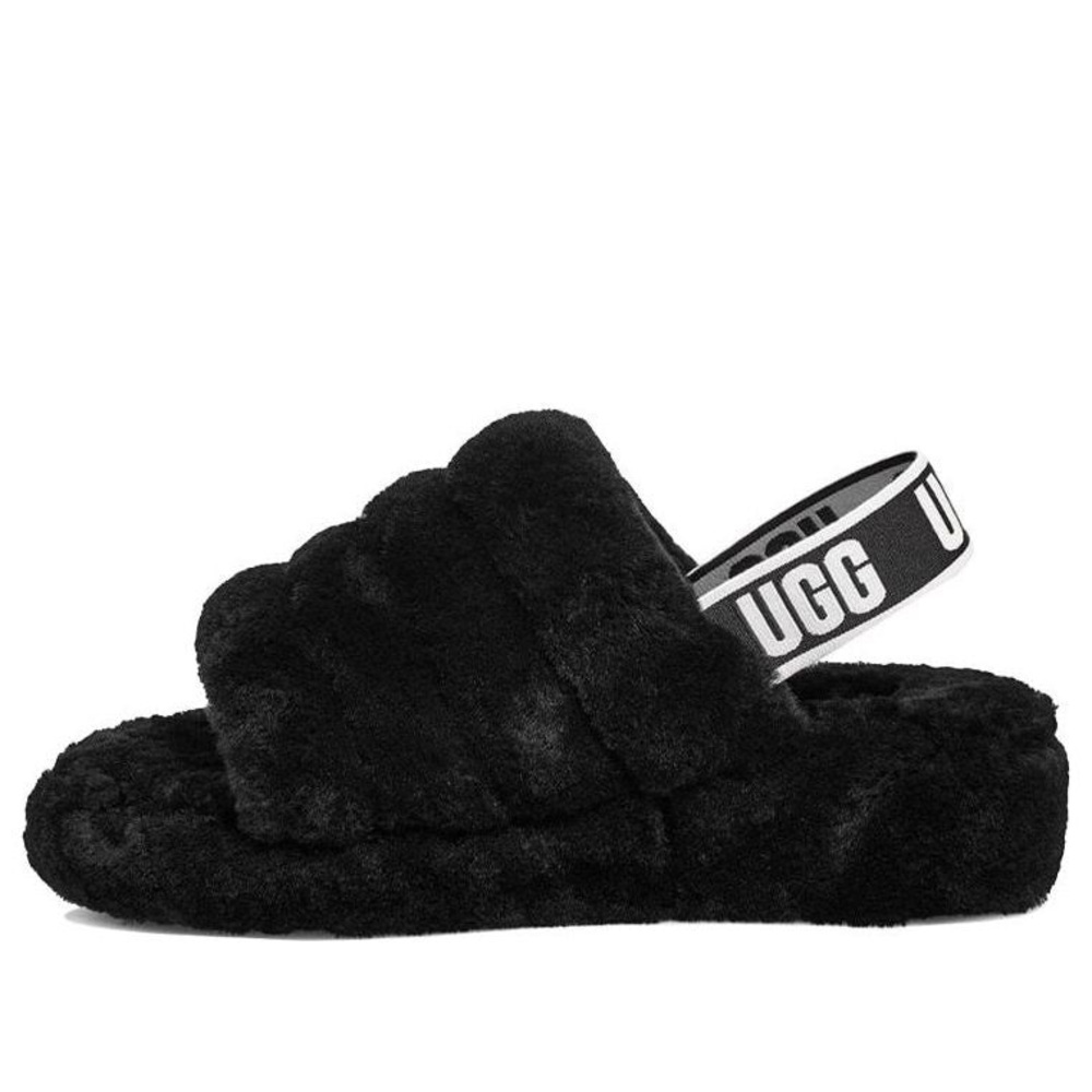 UGG Fluff Yeah Black Fuzzy Slide with Branded Heel Strap SZ 10 - Excellent